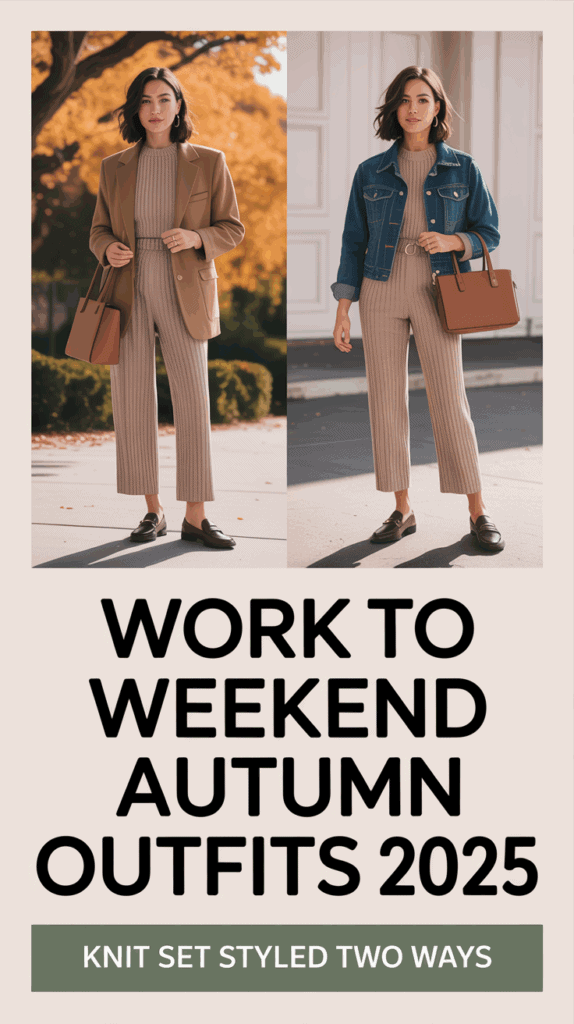 Split photo of woman in matching knit set with loafers styled for work with blazer and tote, and weekend with denim jacket and crossbody bag, autumn outfits 2025