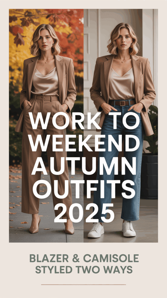 Split photo of woman in satin camisole with blazer styled for work with trousers and heels, and weekend with jeans and sneakers, autumn outfits 2025