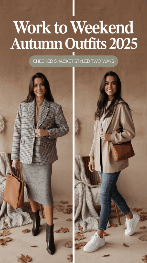 Split photo of woman in checked shacket with pencil skirt styled for work with ankle boots and tote, and weekend with sneakers and crossbody bag, autumn outfits 2025