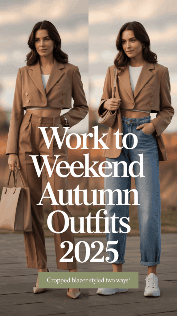 Split photo of woman in cropped blazer with high-waist jeans styled for work with heels and tote, and weekend with sneakers and crossbody bag, autumn outfits 2025