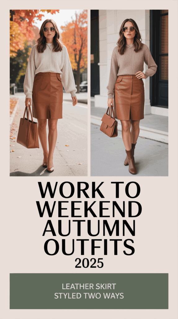 Pinterest pin design, vertical 1000x1500px, chic autumn background in warm neutrals. Split photo layout showing a stylish woman wearing a leather skirt with a knit topβon one side styled for work with heels and a structured tote, on the other styled casually for the weekend with ankle boots and a crossbody bag. Bold text overlay in Montserrat Bold: 'Work to Weekend Autumn Outfits 2025'. Subtext in smaller sage green font: 'Leather skirt styled two ways'. Clean modern Pinterest style layout