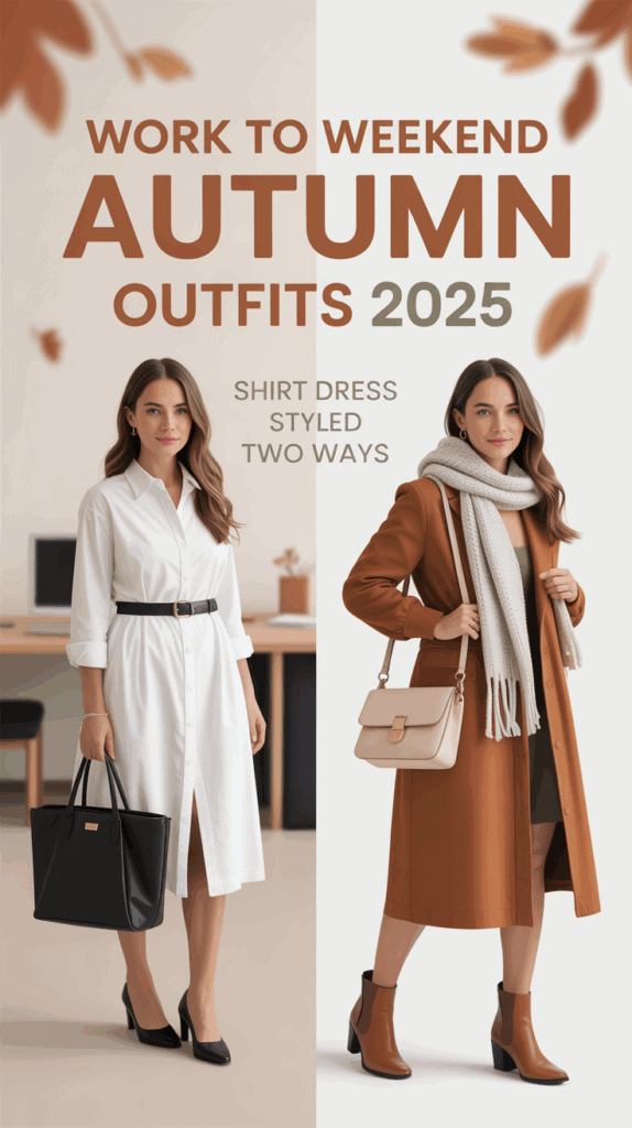 Split photo of woman in belted shirt dress styled for work with heels and tote, and weekend with ankle boots and crossbody bag, autumn outfits 2025.