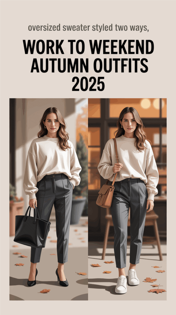 Split photo of woman in oversized sweater with tailored pants styled for work with heels and tote, and weekend with sneakers and crossbody bag, autumn outfits 2025
