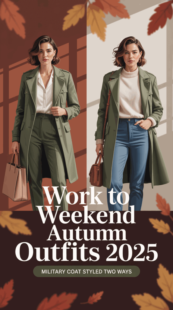 Split photo of woman in military-style coat with heels styled for work with slim trousers and tote, and weekend with jeans and crossbody bag, autumn outfits 2025