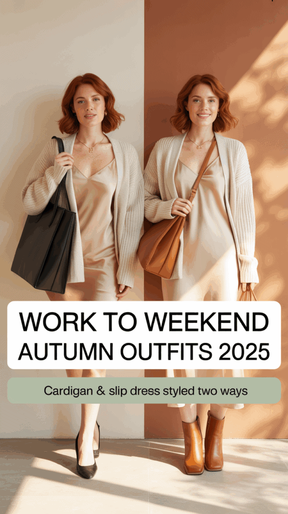 Split photo of woman in cardigan over slip dress styled for work with heels and tote, and weekend with ankle boots and crossbody bag, autumn outfits 2025