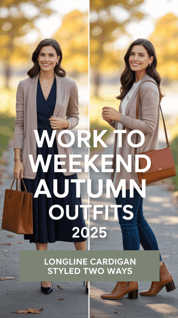 Split photo of woman in longline cardigan with midi dress styled for work with heels and tote, and weekend with ankle boots and crossbody bag, autumn outfits 2025.