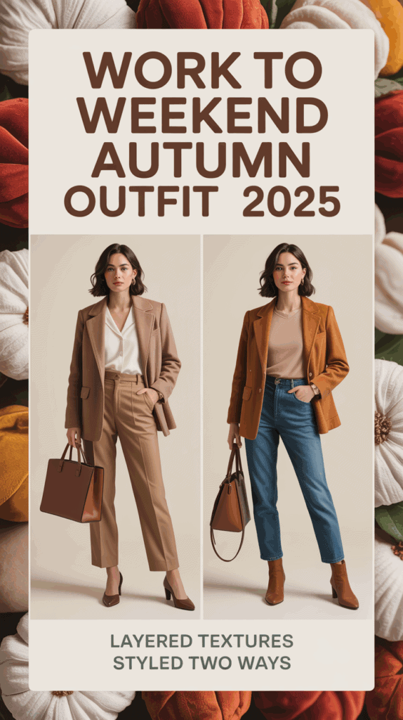 Split photo of woman in layered silk, wool, and suede styled for work with trousers and heels, and weekend with jeans, boots, and crossbody bag, autumn outfits 2025