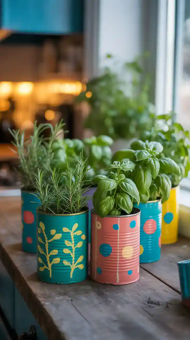 Recycled tin cans painted and repurposed as colorful herb planters, DIY herb planters