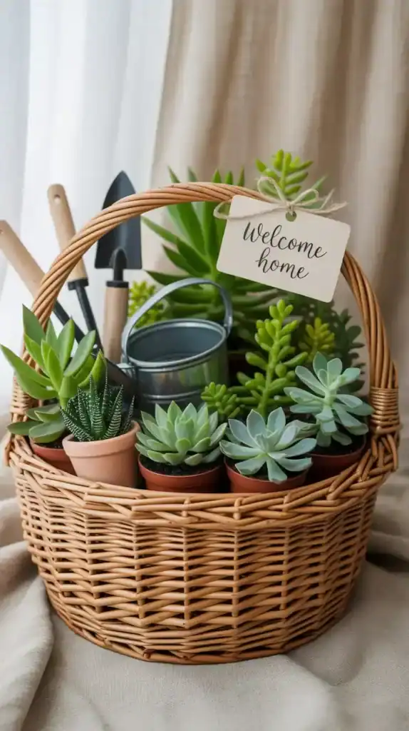 Green plant-themed housewarming gift basket with succulents and gardening tools Green plant-themed housewarming gift basket with succulents and gardening tools