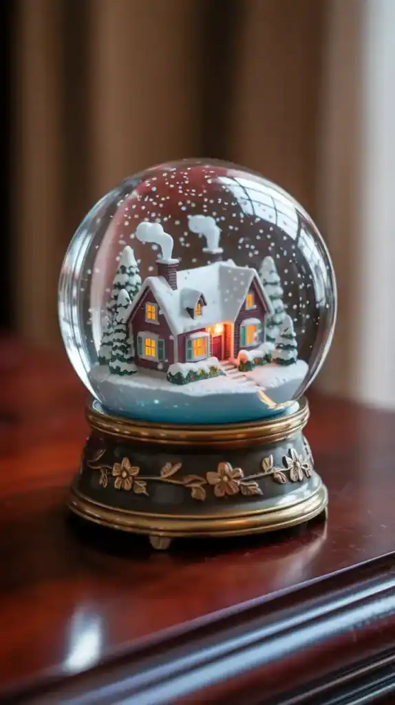 Vintage snow globe with a Victorian cottage scene, glowing windows, and swirling snow on a carved brass base.