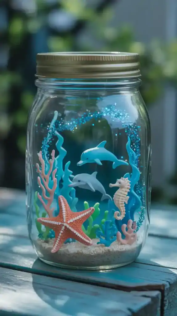DIY mason jar snow globe with underwater theme featuring small sea creatures and blue glitter