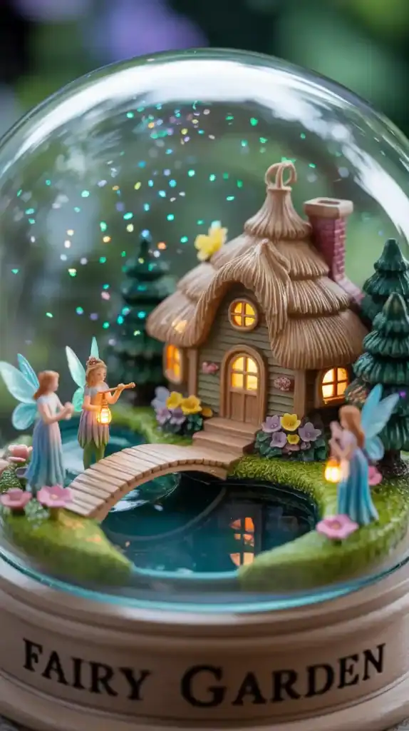 Fairy snow globe with two fairies and a mouse on a moss base, decorated with butterflies and a carved doorway on a brown base.