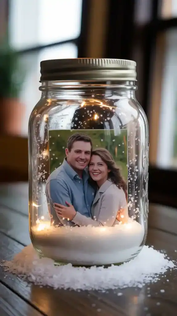 DIY mason jar snow globe with laminated family photo inside surrounded by white glitter