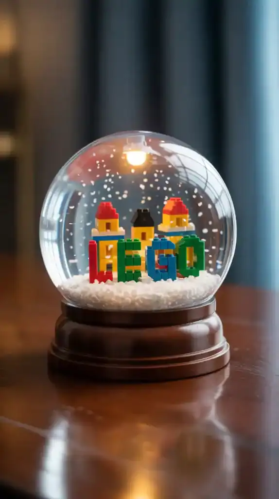 Whimsical snow globe with a LEGO cityscape inside, colorful brick buildings, red-roofed houses, and swirling snow on a wooden table