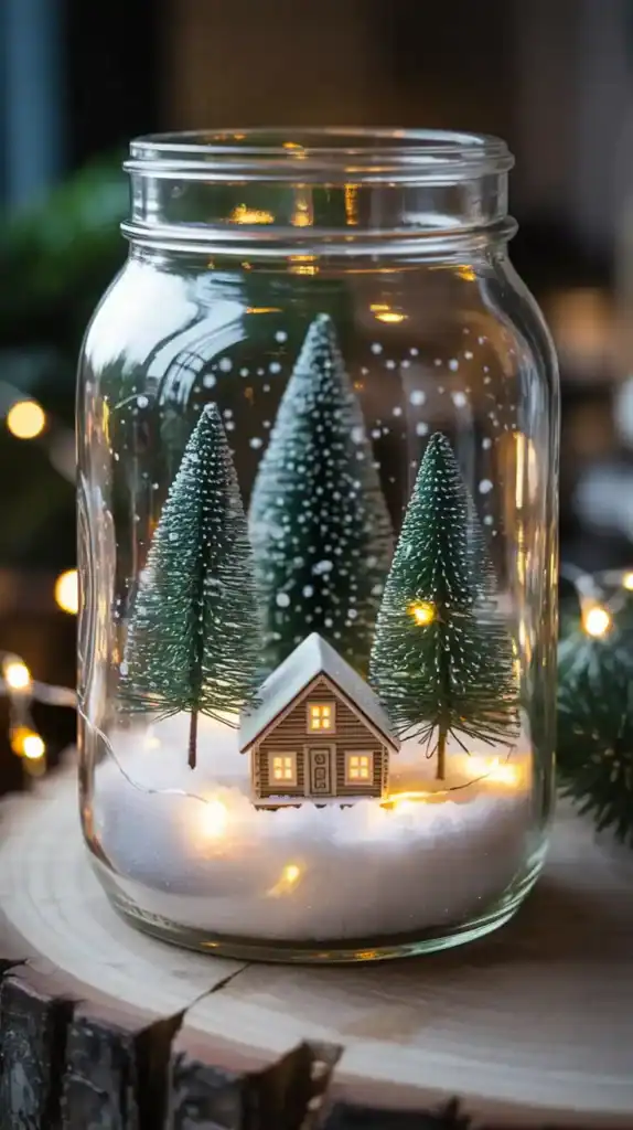 DIY mason jar snow globe with holiday theme featuring miniature trees 