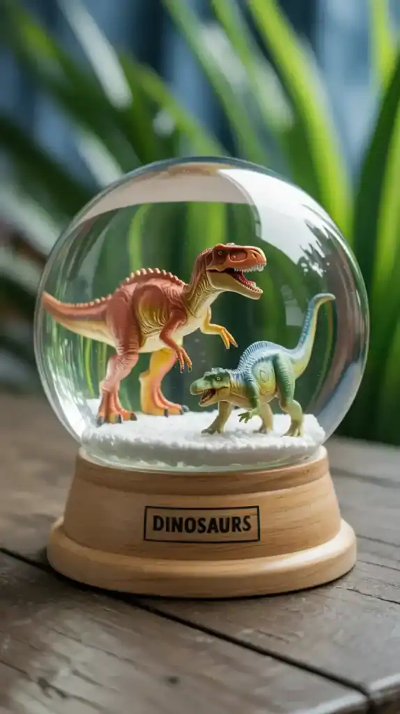 Dinosaur snow globe with a red-brown T-Rex and blue-green dinosaur on white snow, set on a wooden base labeled “DINOSAURS