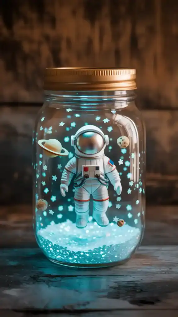 DIY mason jar snow globe with space theme featuring astronaut figurine and star-shaped glitter