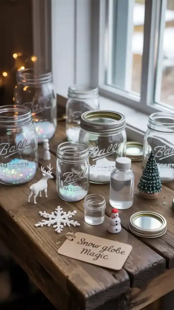 Supplies for making DIY mason jar snow globes including jars, glitter, glycerin and figurines