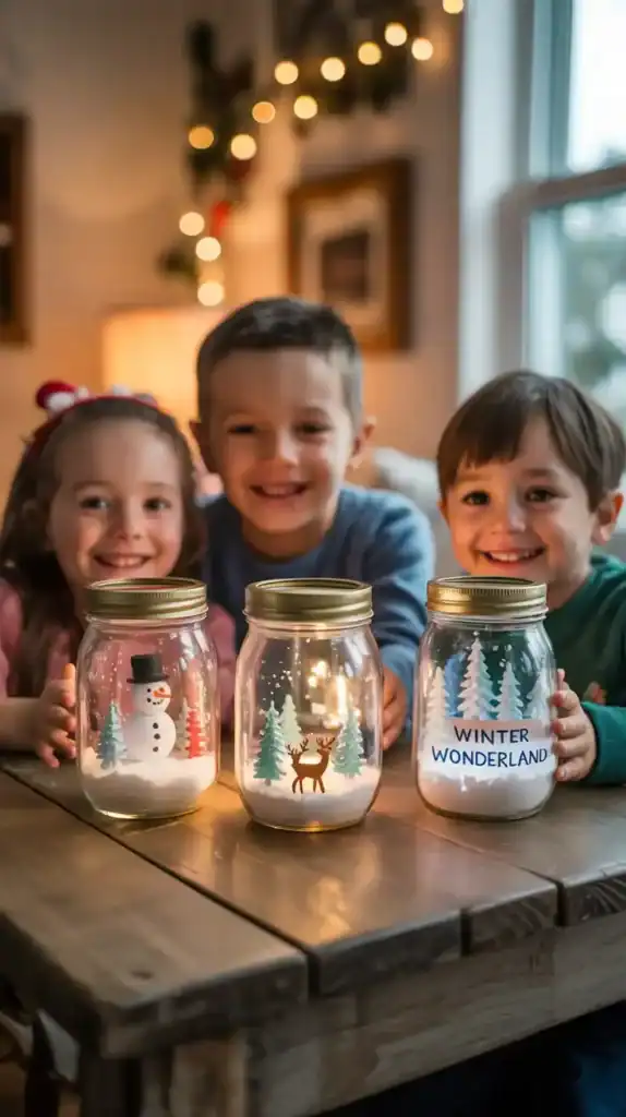 Children proudly displaying their completed DIY mason jar snow globes with various themes
