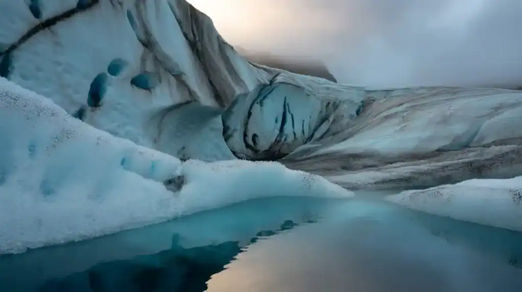 Close-up of a shimmering blue glacier with cracks and water reflections highlighting Arctic textures.