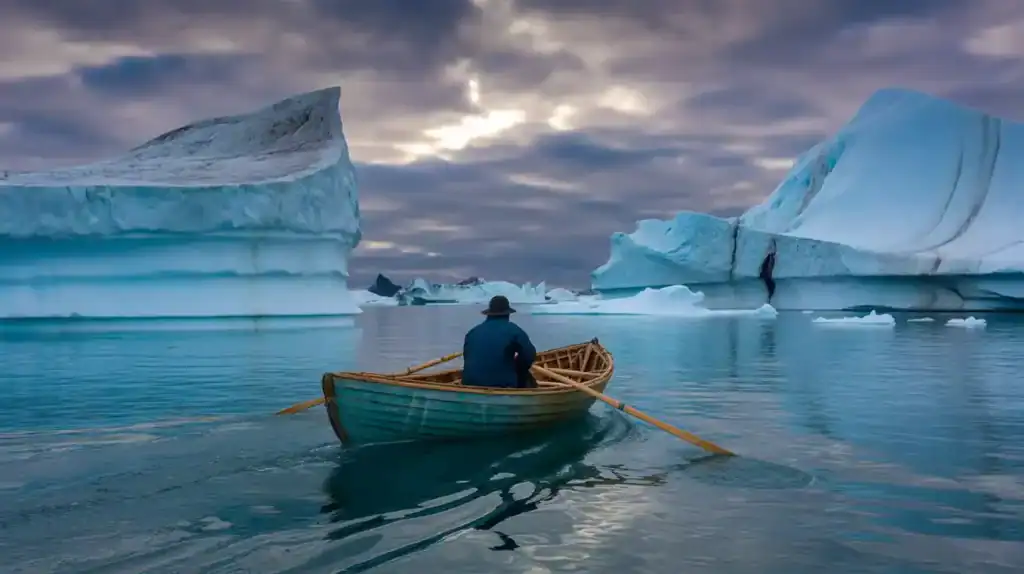 Small tour boat navigating between towering icebergs on calm Arctic waters under a dramatic cloudy sky