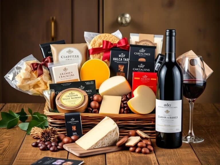 Luxury gourmet housewarming gift basket with artisanal cheeses, crackers, and wine