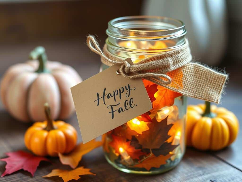 Mason jar fall craft wrapped as a gift with tag and decorative elements