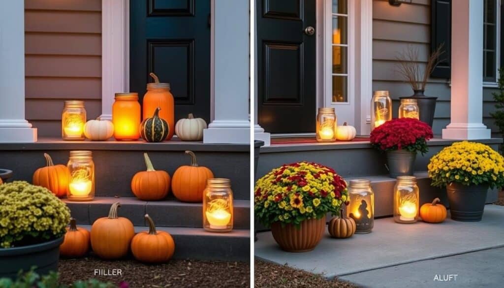 Mason jar fall crafts displayed on a front porch with pumpkins and autumn decor