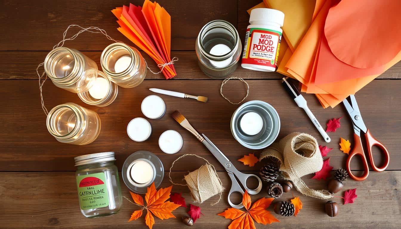 Mason jar fall crafts supplies laid out on a wooden table including jars, lights, fall fillers, and paint