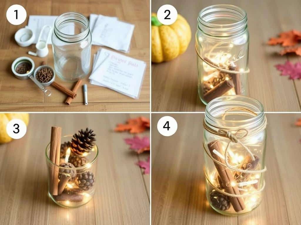 Step-by-step process of creating a Fall Filler Glow Jar Mason jar craft