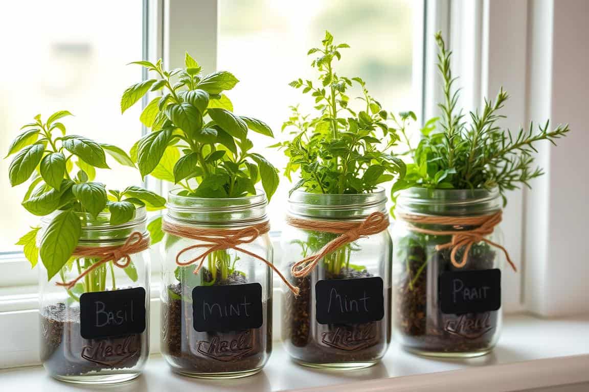 Three mason jars with fresh herbs and chalkboard labels arranged on a windowsill, DIY herb planters