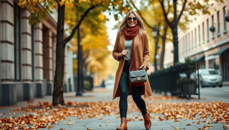 Woman walking down city street in autumn street style 2025 outfit featuring layered neutrals and statement accessories