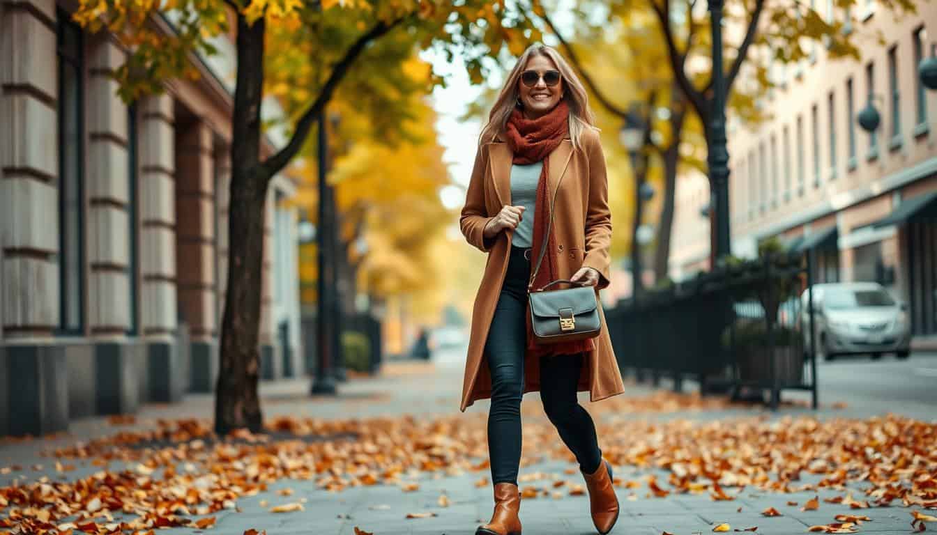 Woman walking down city street in autumn street style 2025 outfit featuring layered neutrals and statement accessories