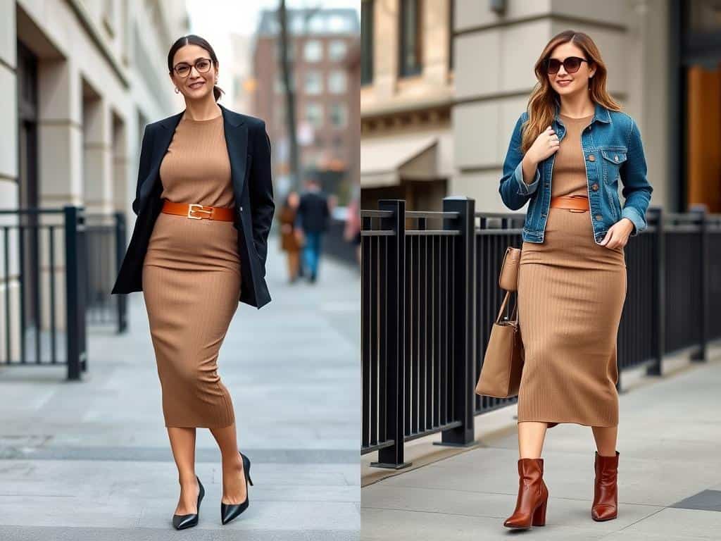 Woman wearing a belted knit midi dress styled for work with a structured blazer, then for weekend with a denim jacket - work to weekend autumn outfits 2025
