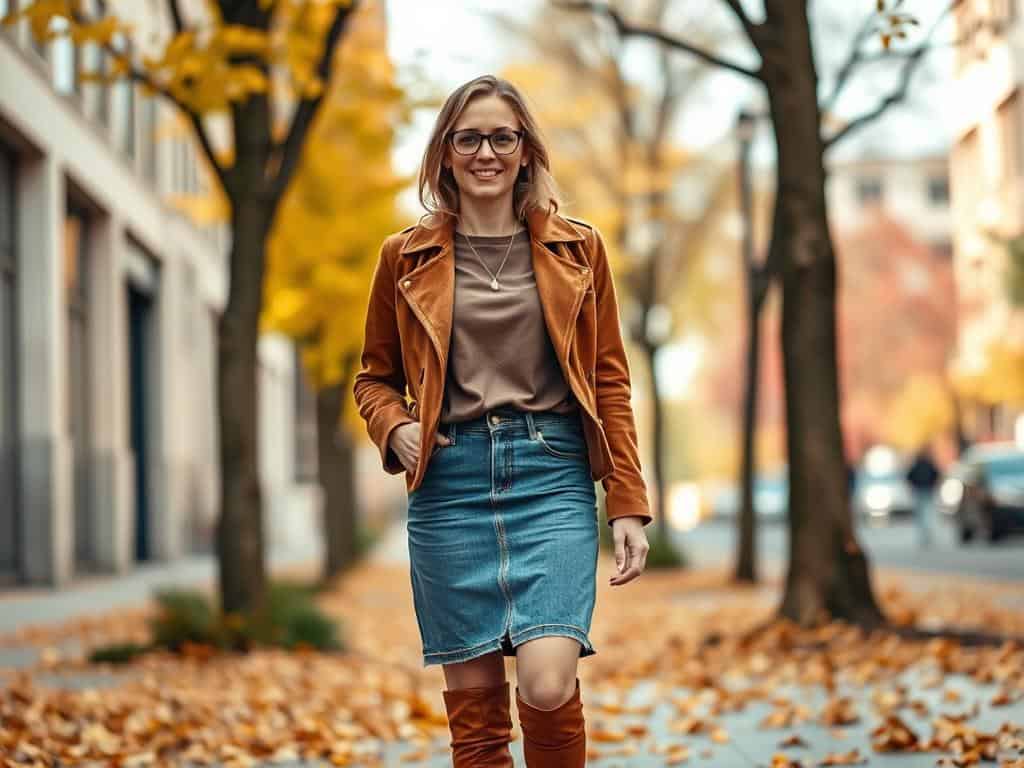 Woman wearing suede jacket with denim skirt for autumn street style 2025