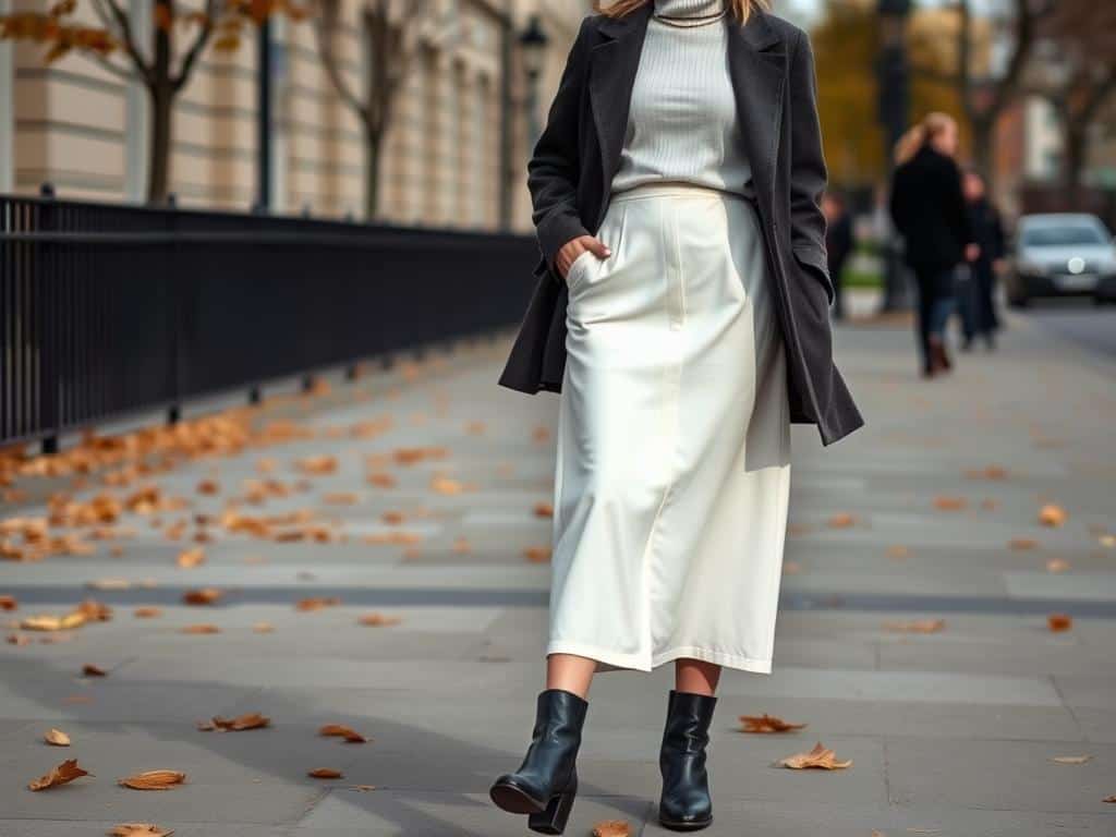 Woman wearing white poplin skirt with chunky boots for autumn street style 2025