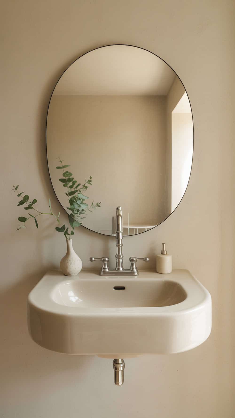 A unique, rounded sink with a sleek faucet and a small vase of greenery beside it, set against a neutral wall.