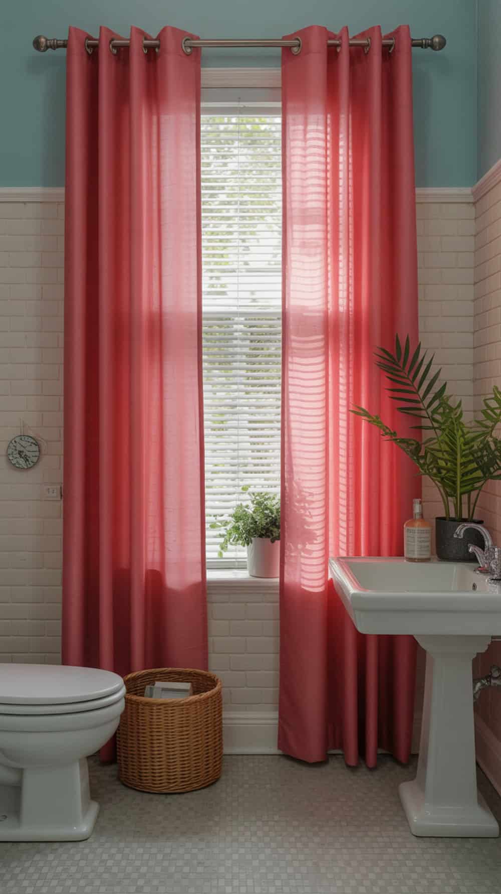 A bathroom with pink sheer curtains, a white sink, and a plant by the window.