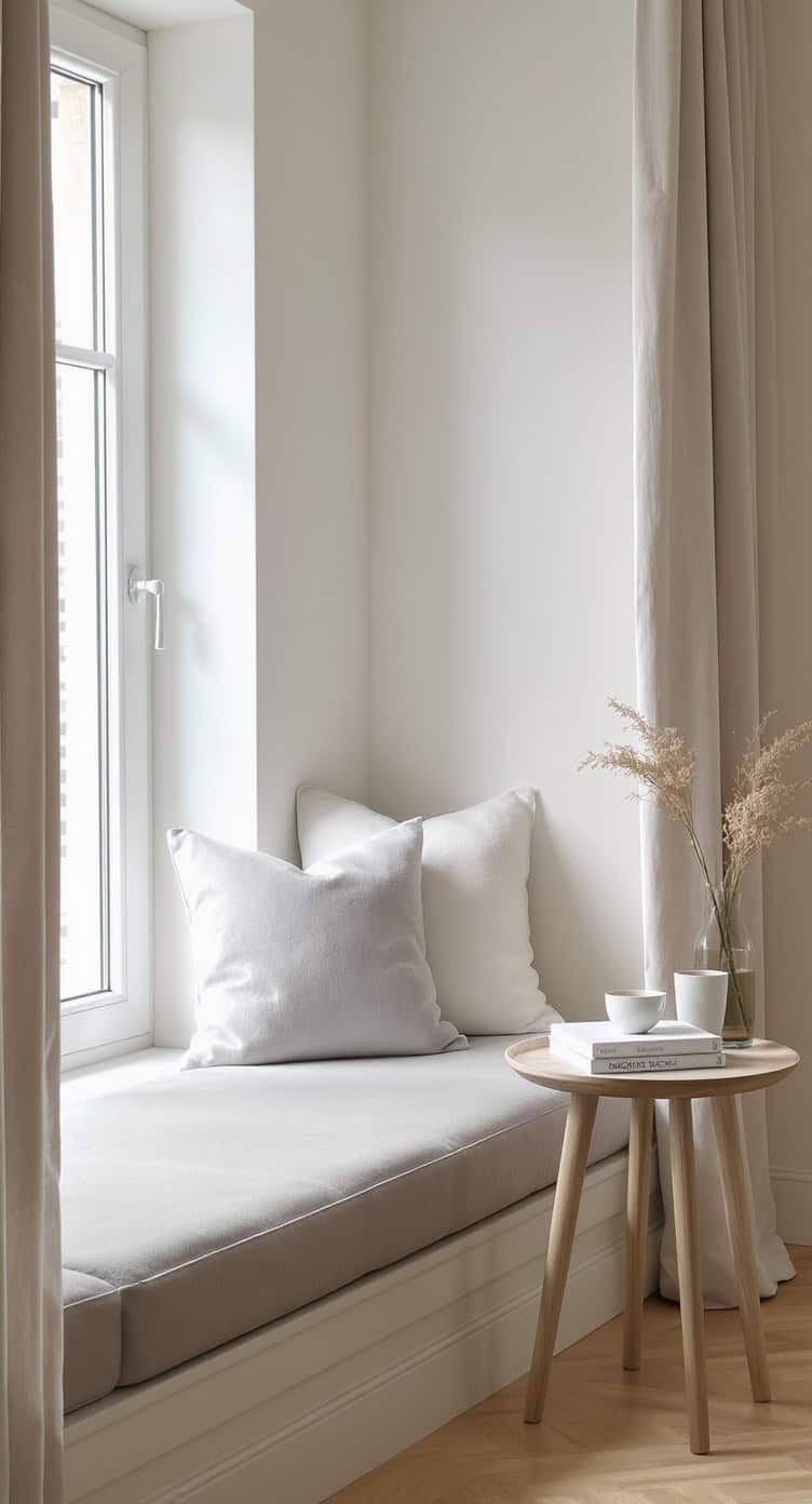 A minimalist reading nook by the window with soft cushions, a small table, and natural light.