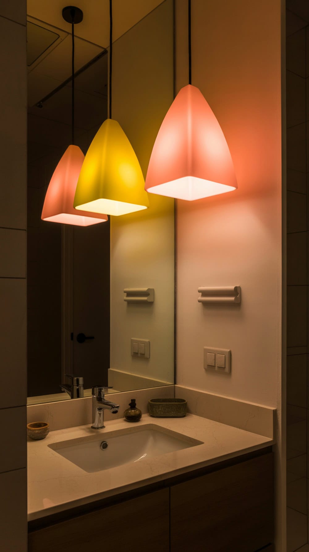 Colorful pendant lights in a bathroom, featuring pink and yellow shades.