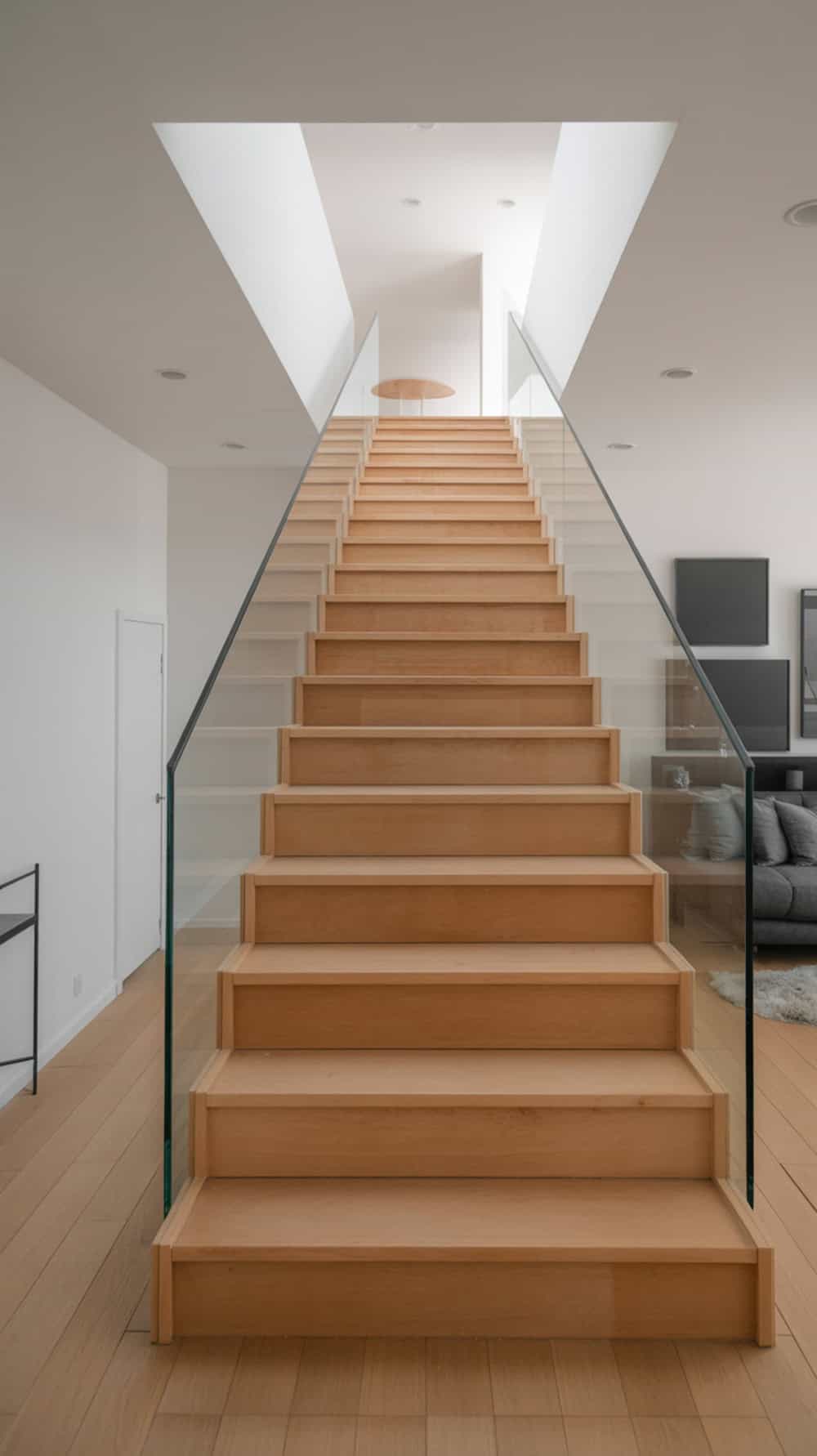 A contemporary maple staircase with glass railing, featuring warm wood tones and a modern design.