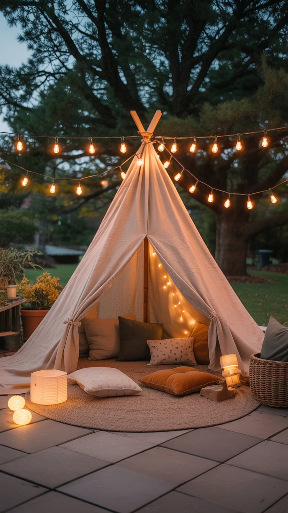 A cozy blanket fort for kids on a patio, illuminated with fairy lights.