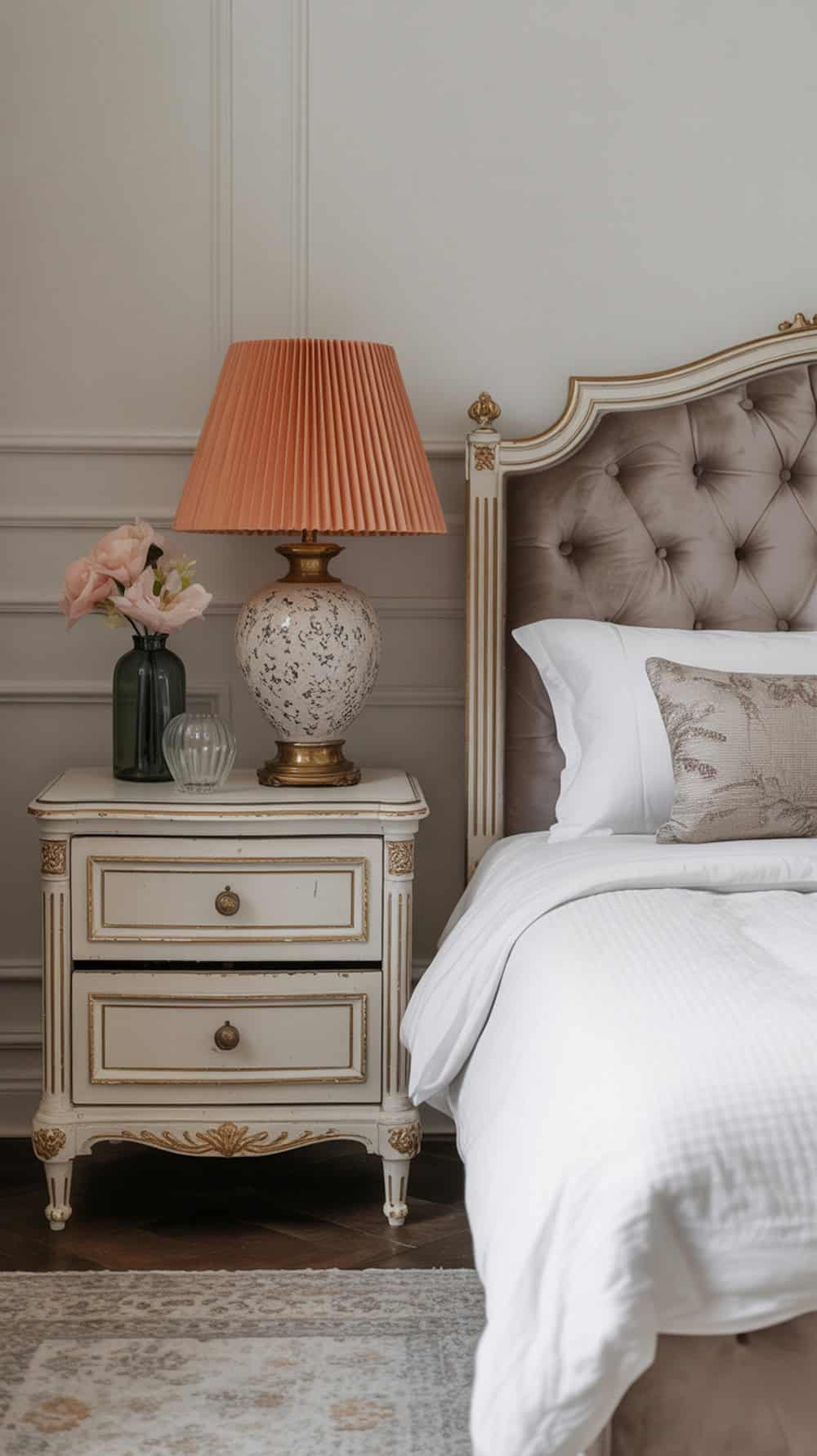 A stylish nightstand with a lamp and flowers beside a bed.