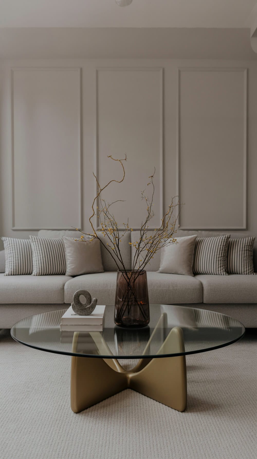 Minimalist glass table with decorative accents in a living room setting
