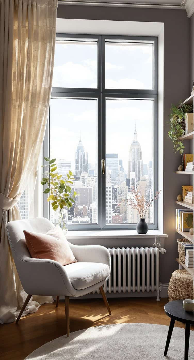 Cozy reading nook by a window with a view of the city skyline.