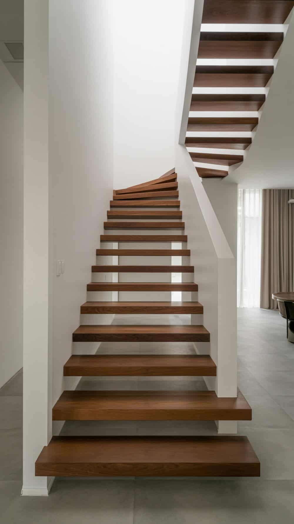 Modern walnut floating staircase with clean lines and minimalistic design