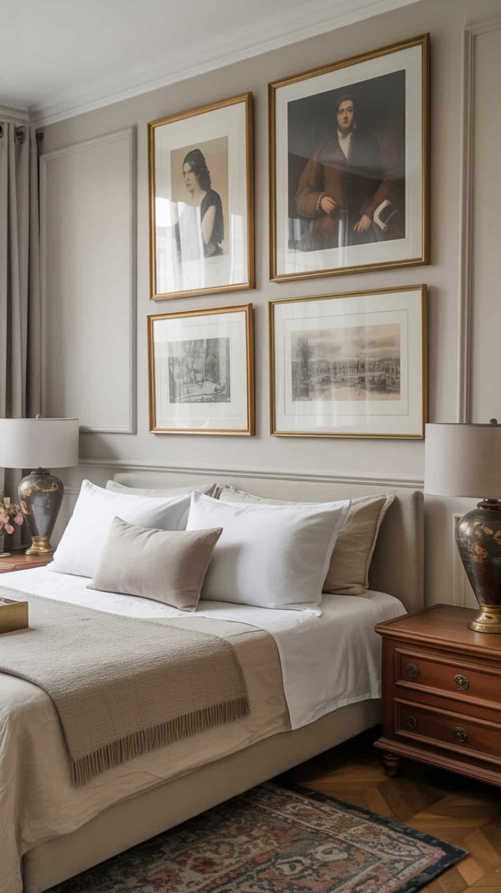 Elegant wall decor featuring framed portraits and sketches in a bedroom