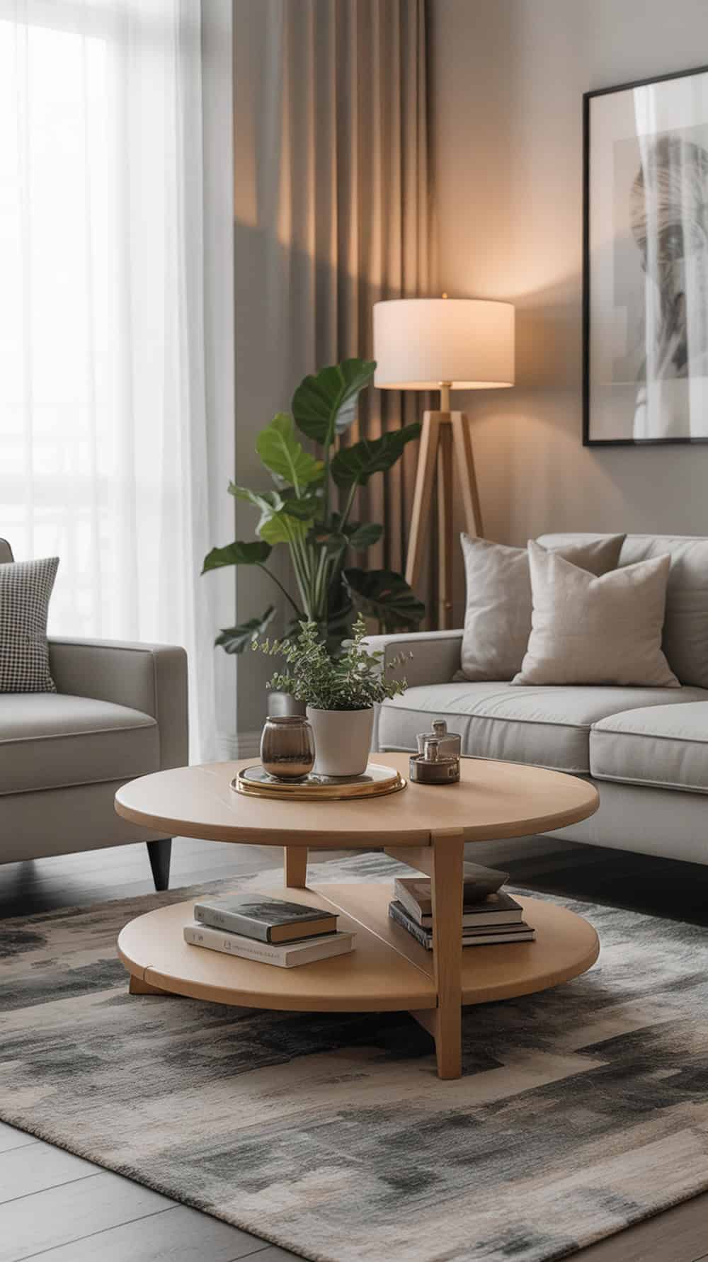 A stylish tiered coffee table with a light wood finish, featuring decorative items on the top level and stacked books on the bottom level, set in a cozy living room.