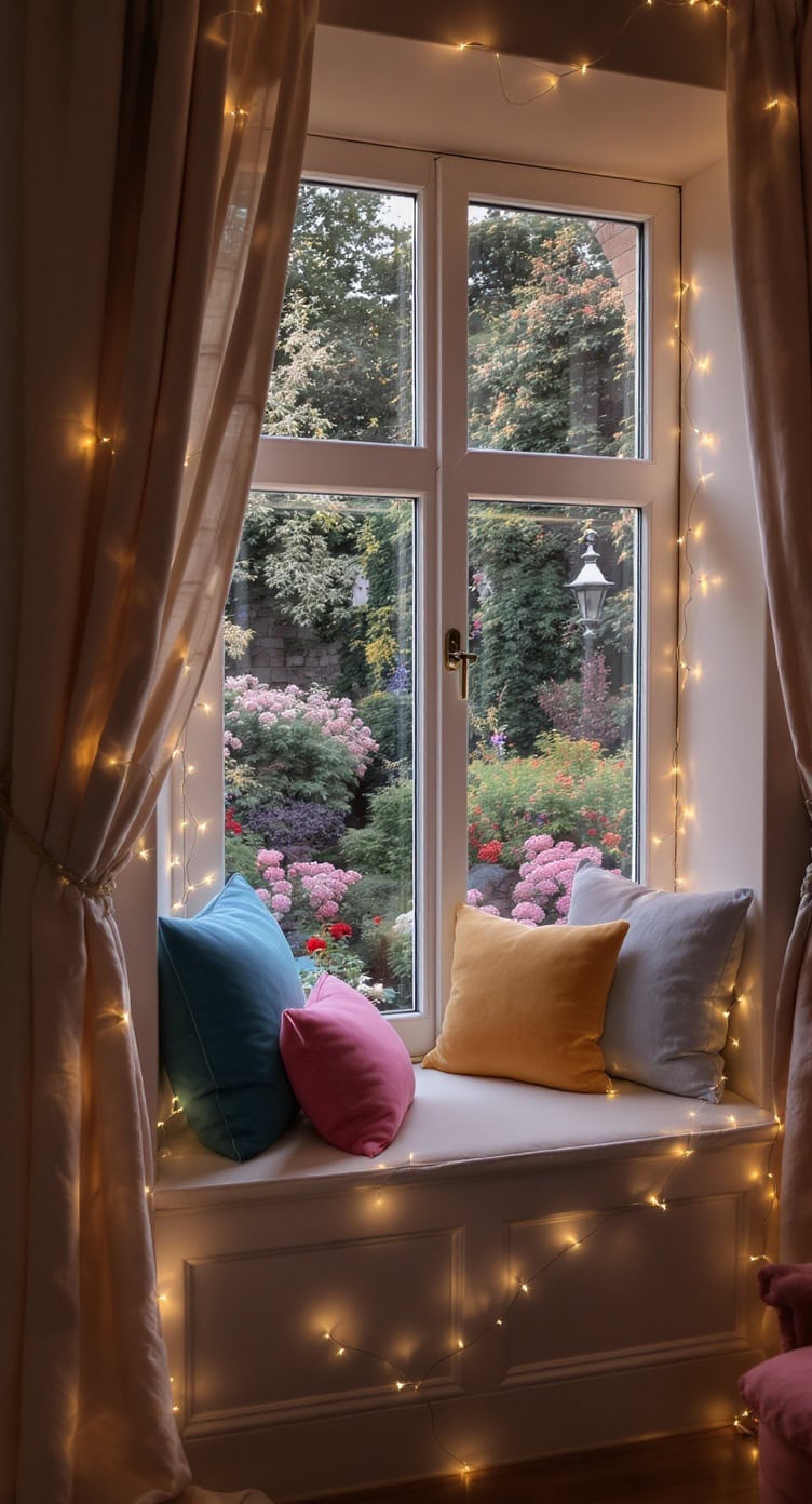 A cozy window seat with colorful pillows and fairy lights, overlooking a vibrant garden.