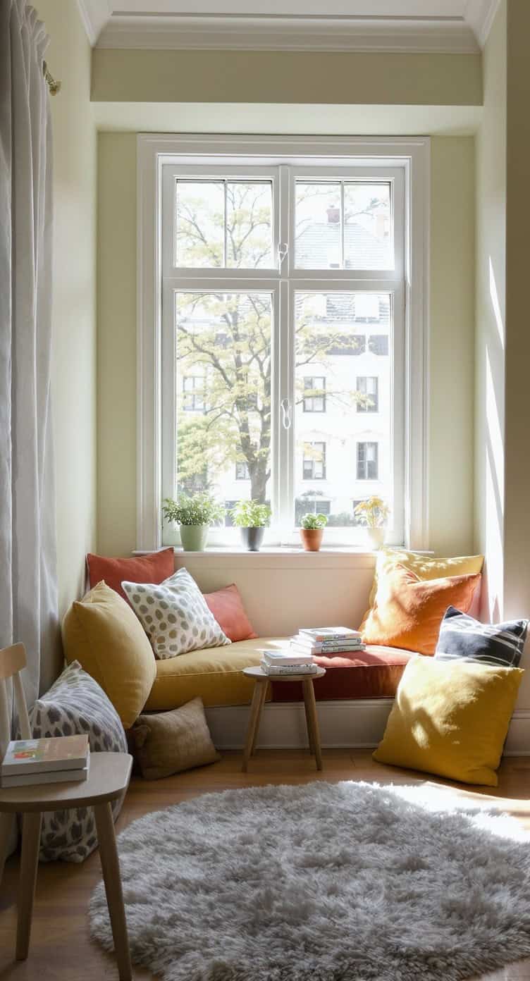 Cozy reading nook with colorful cushions and a window view
